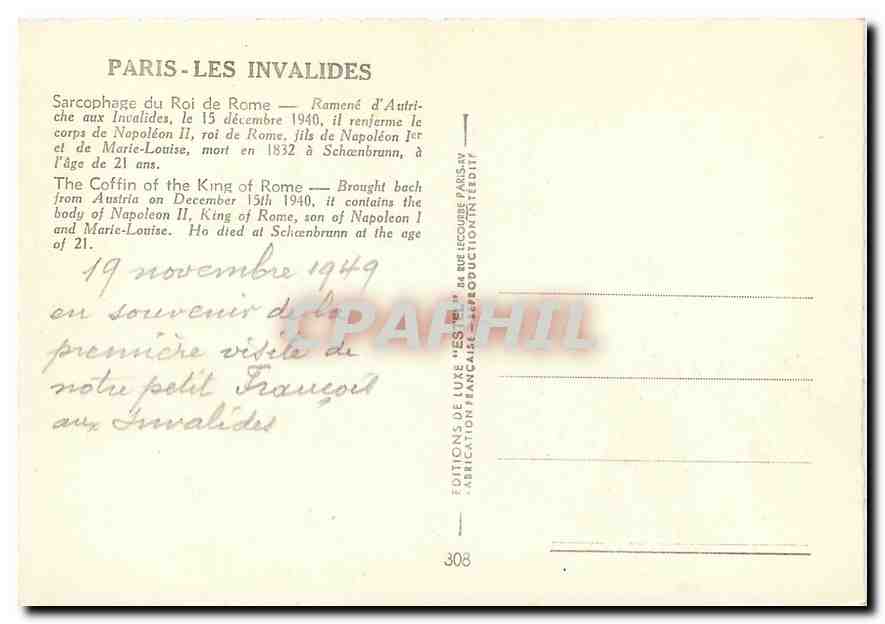 CPM Paris les Invalides Sarcophage du Roi de Rome  — Verso