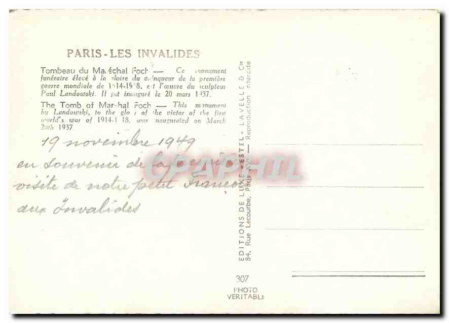 CPM Paris les Invalides Tombeau de Marechal Foch  — Rückseite