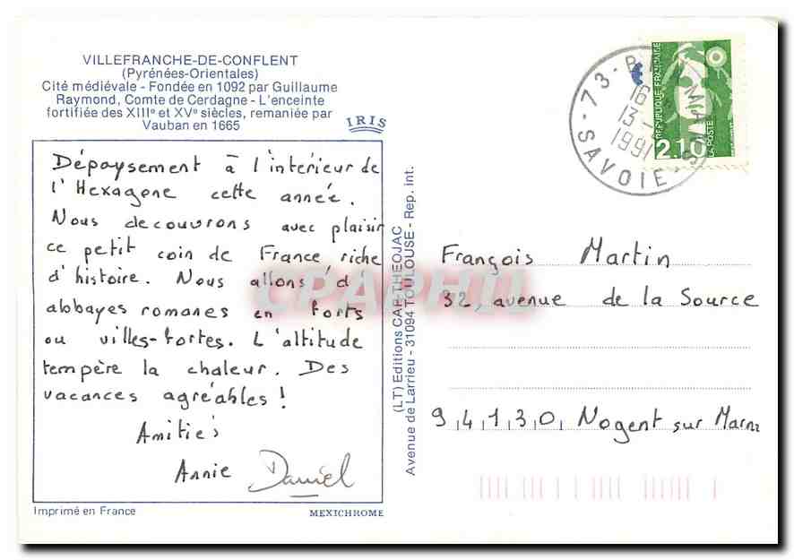 CPM Villefranche de Conflent Pyrenees Orientales Cite medievale Guillaume Raymond  — Rückseite