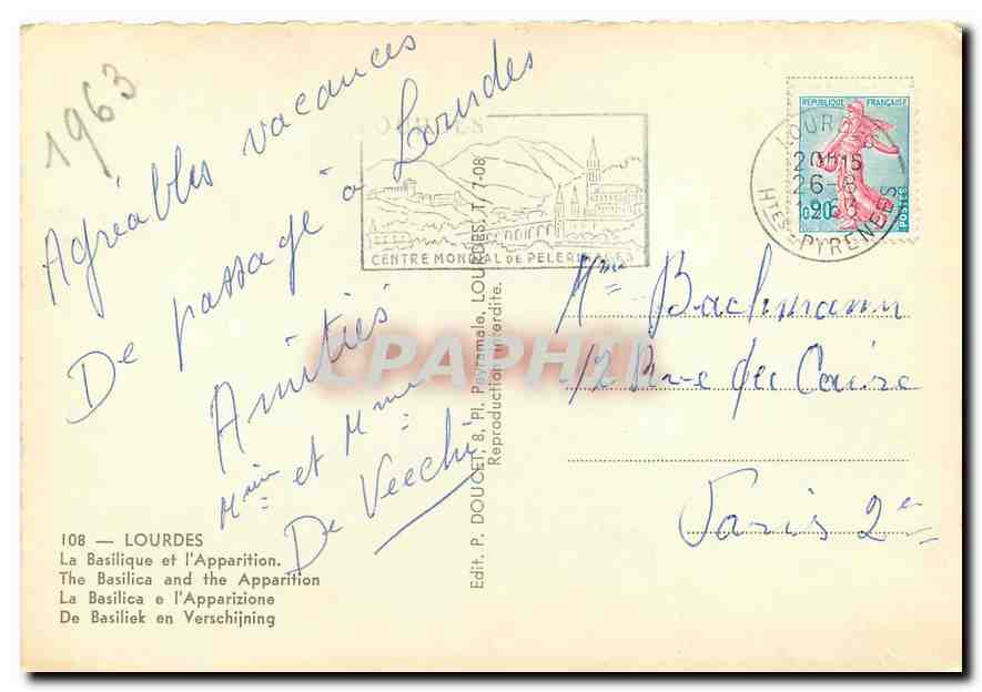 CPM Lourdes La Basilique et l'Apparation  — Verso
