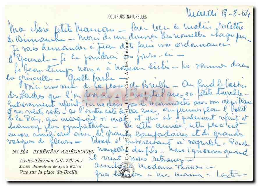 CPM Pyrenees Ariegeoises Ax les Thermes Vue sur la place du Breith  — Rückseite