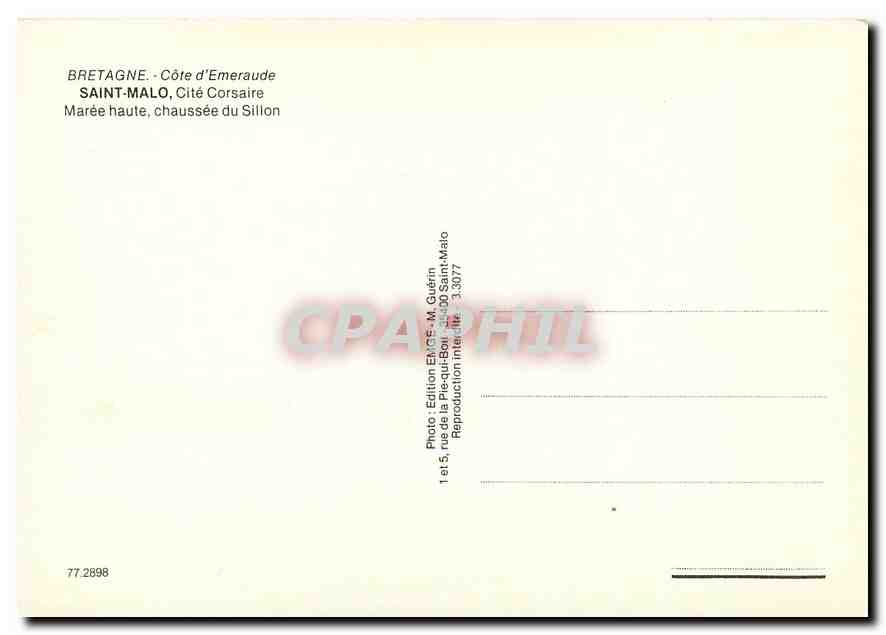 Saint-Malo — Cité Corsaire, Marée haute, Chaussée du Sillon — Éditeur Emyg, n° 77.2898 — Verso