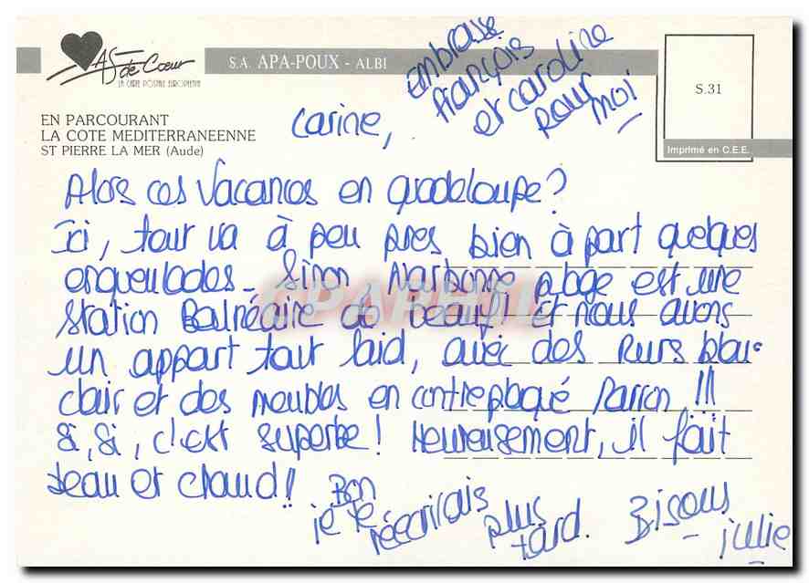 CPM En Parcourant La Cote Mediterraneenne st pierre la Mer Aude  — Rückseite