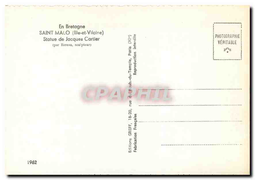 Statue de Jacques Cartier — Saint-Malo (Ille-et-Vilaine) — Éditions Greff, 1962 — Verso
