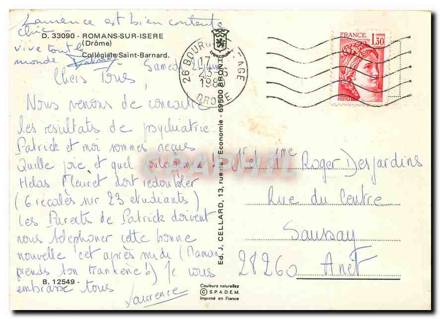 CPM Romans sur Isere Drome Collegiale Saint Barnard  — Rückseite