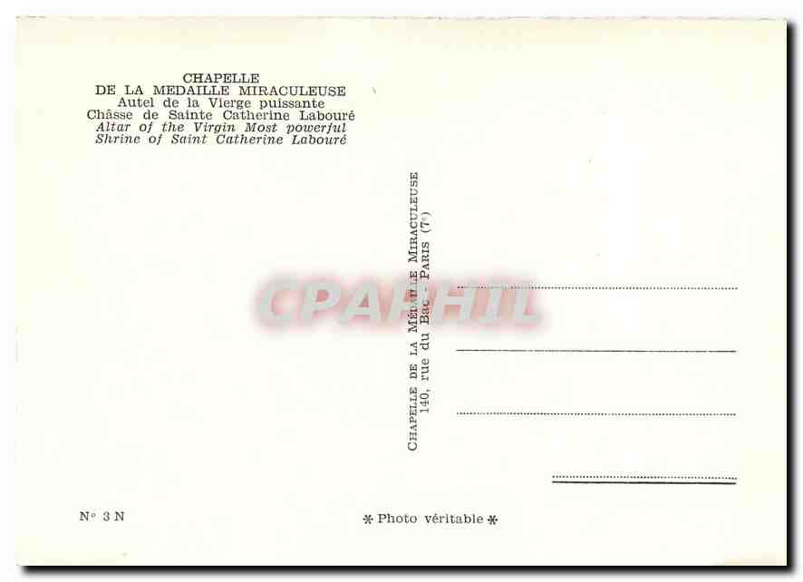 CPM Chapelle de la Medaille Miraculeuse Autel de la Vierge puissante Chasse de Sainte Catherine Labo — Rückseite