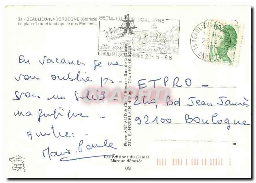 CPM Beaulieu sur Dordogne Correze Le plan d'eau et la chapelle des Penitents  — Back