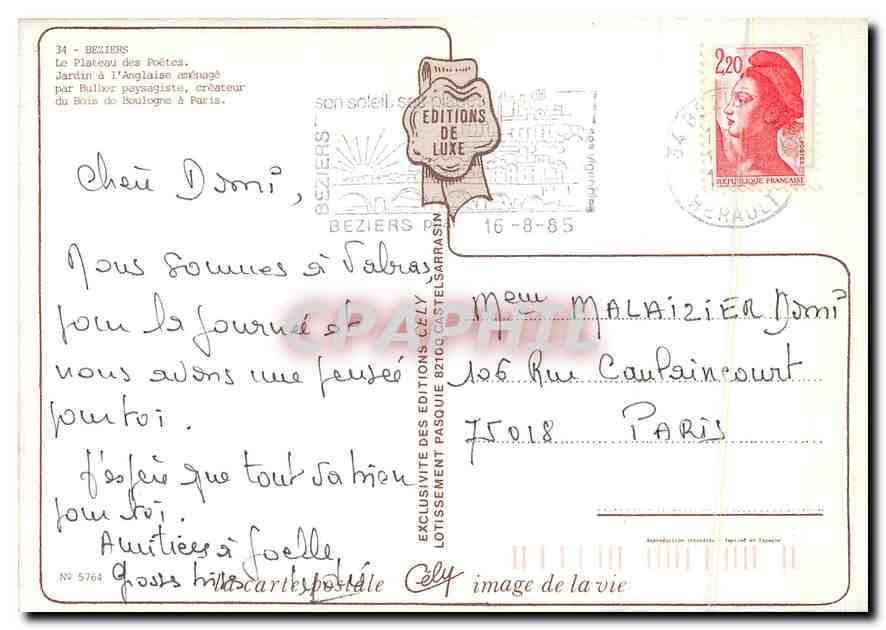 CPM Beziers La Plateau des Poetes  — Back