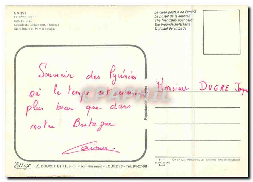 CPM Les Pyrenees Cauterets Route du Pont d'Espagne   — Verso