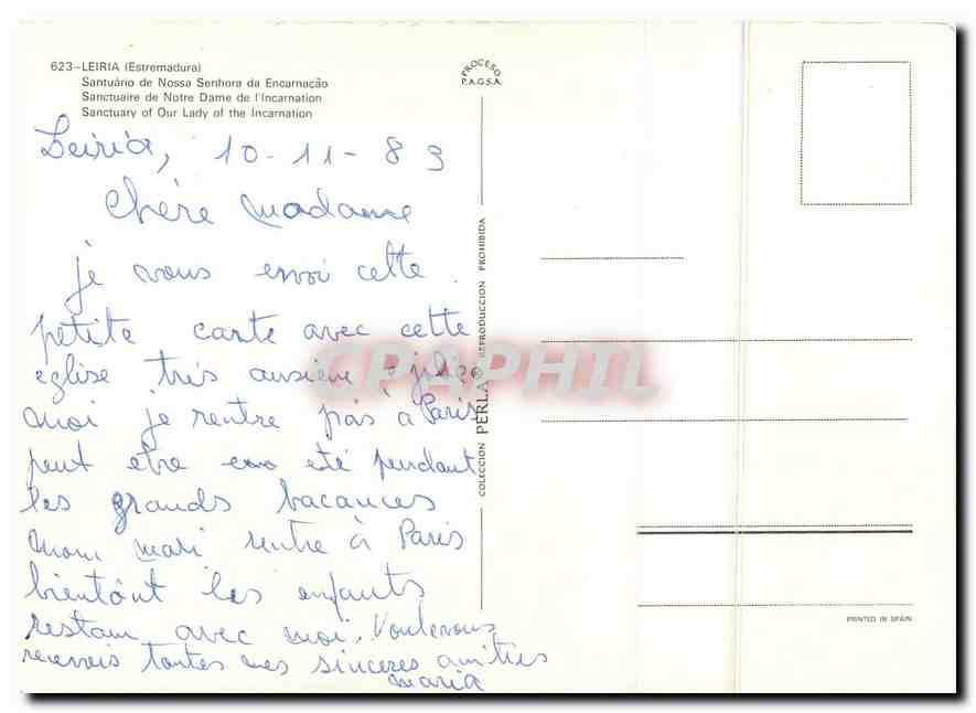 CPM Leiria Estremadura Sanctuare de Notre Dame de l'Incarnation  — Rückseite