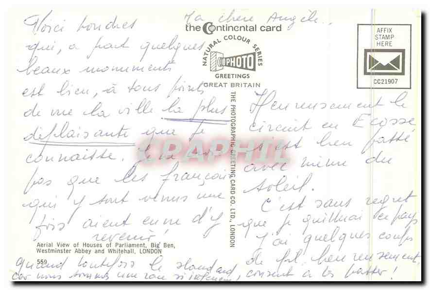 Houses of Parliament, Big Ben, Westminster Abbey and Whitehall, Londres — The Photographic Greeting Card Co. Ltd. — série CC21907 — Verso