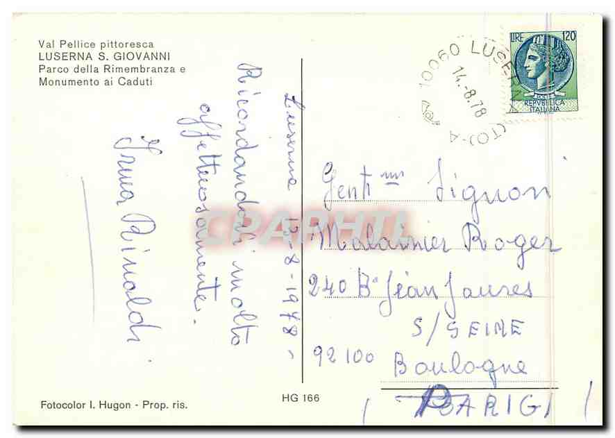 CPM Val Pellice Pittoresca Luserna S Giovanni Parco della Rimembranza e Monumento ai Caduti  — Rückseite