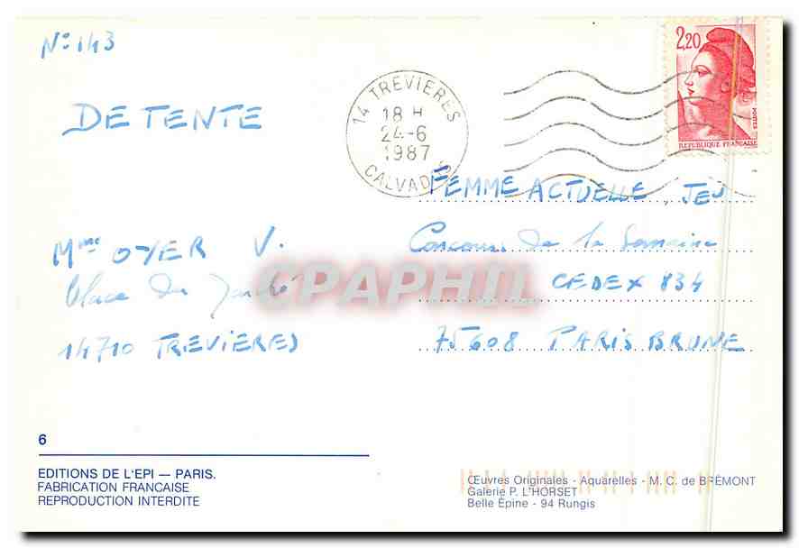 CPM Oeuvre Originales Aquarelles M C de Bremont Galerie Belle Epine   — Verso