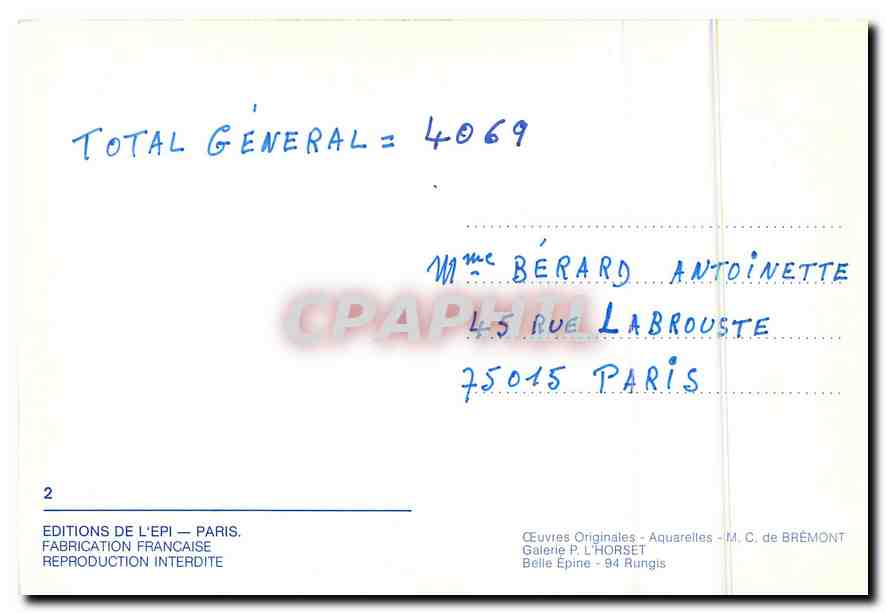 CPM Oeuvre Originales Aquarelles M C de Bremont Galerie P L Horset  — Verso