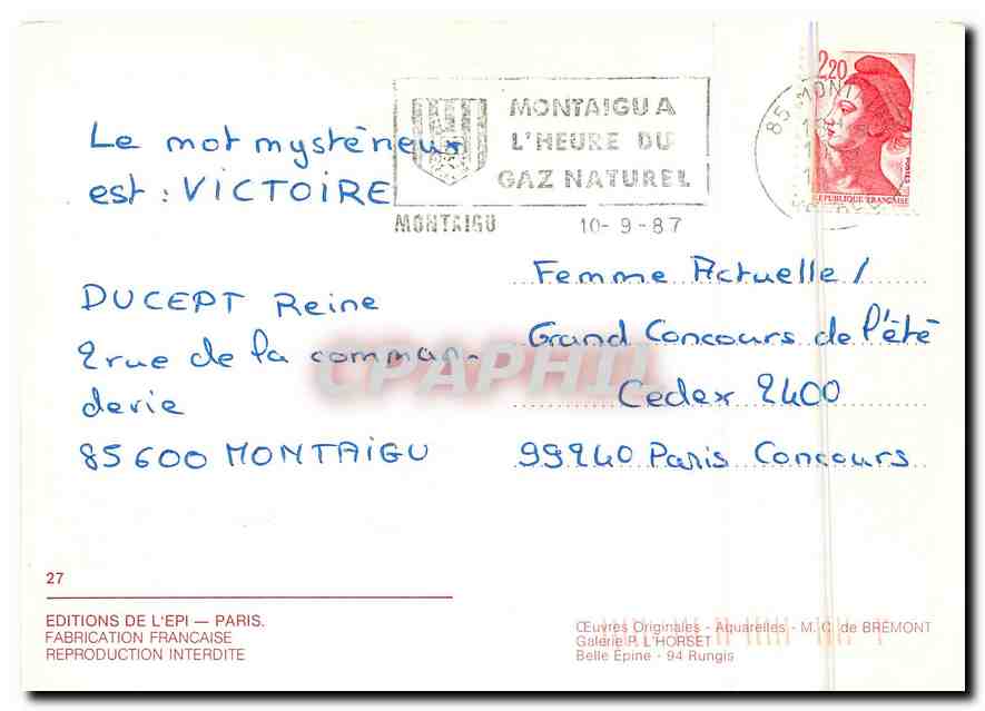 CPM Oeuvre Originales Aquarelles M C de Bremont Galerie P L Horset  — Verso