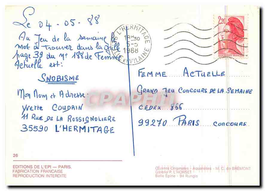 CPM Oeuvre Originales Aquarelles M C de Bremont Galerie P L Horset  — Rückseite