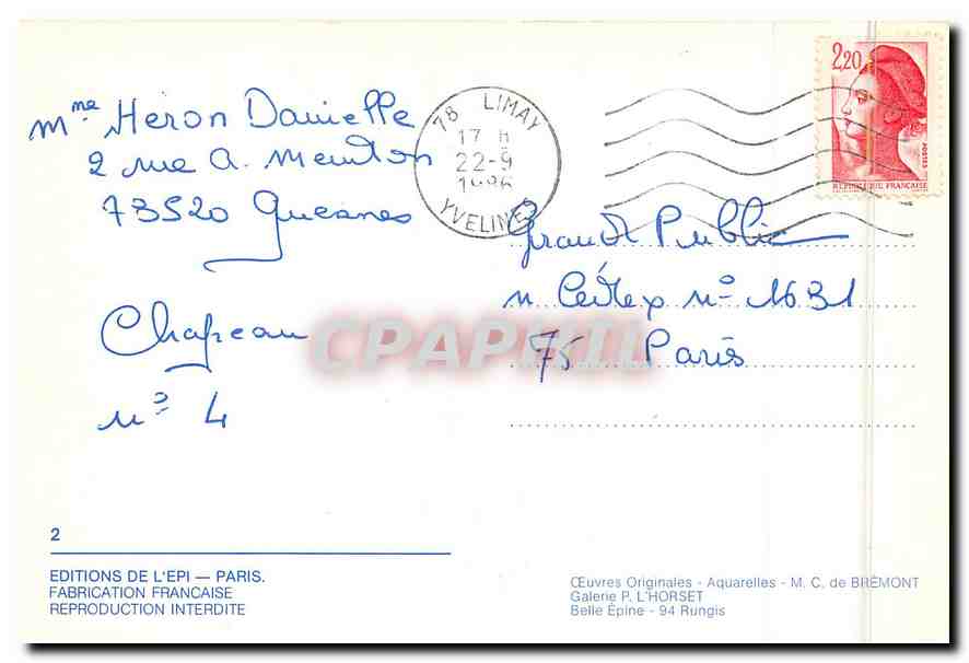 CPM Oeuvre Originales Aquarelles M C de Bremont Galerie P L Horset  — Verso