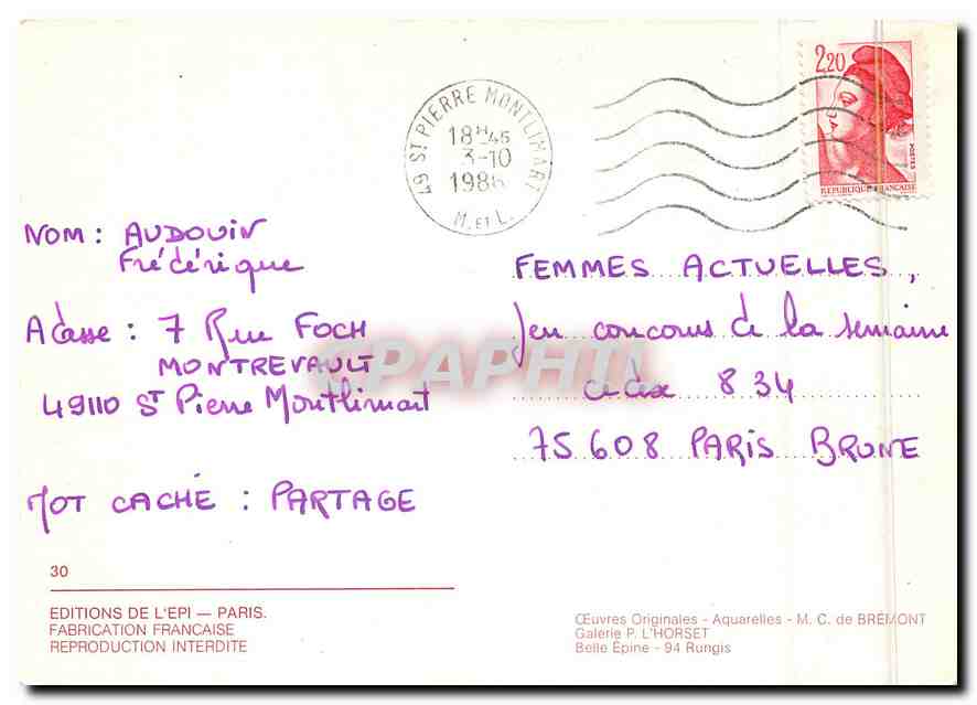 CPM Oeuvre Originales Aquarelles M C de Bremont Galerie P L Horset  — Verso