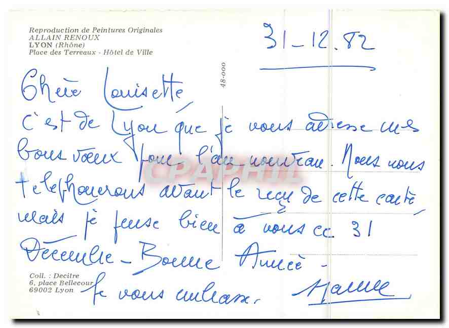 CPM Allain Renoux Lyon Rhone Place des Terreaux Hotel de Ville  — Verso