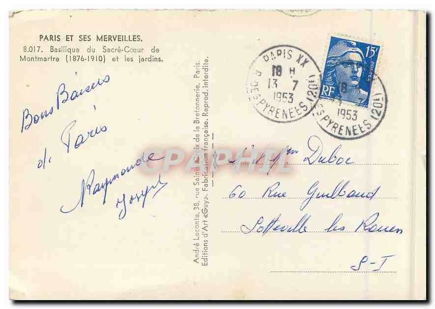 CPM Paris et ses Merveilles Basilique du Sacre Coeur de Montmartre et les jardins  — Rückseite