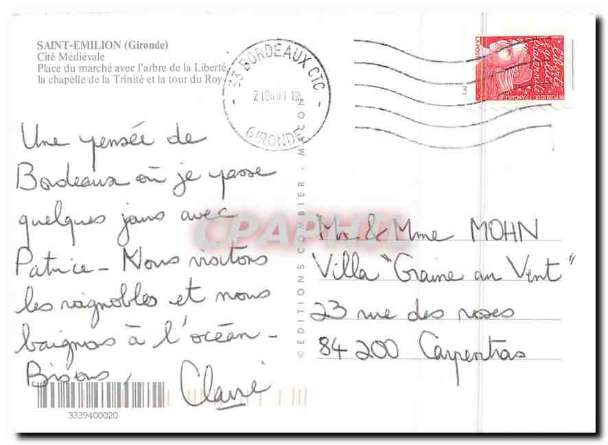 CPM Saint Emilion Gironde Place du marche avec l'arbre de la Liberte la chapelle de la Trinite et la — Rückseite