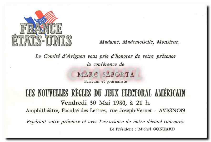 CPM Carton d'invitation Marc Saporta Nouvelles regles du Jeu electoral americain Avignon Faculte des