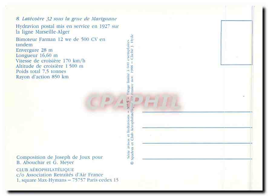 CPM Hydravion postal mis en service la ligne Marseille Alger Avion Aviation — Verso
