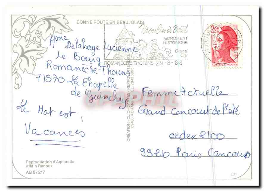 CPM Bonne Route en Beaujolais  — Rückseite