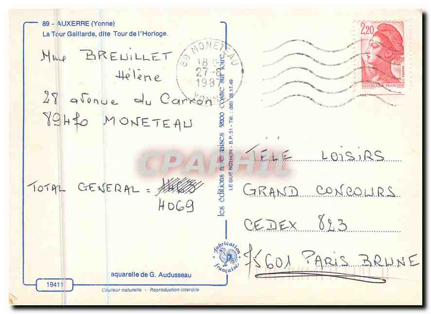 CPM Auxerre Yonne La Tour Gaillarde dite tour de l'Horloge  — Back