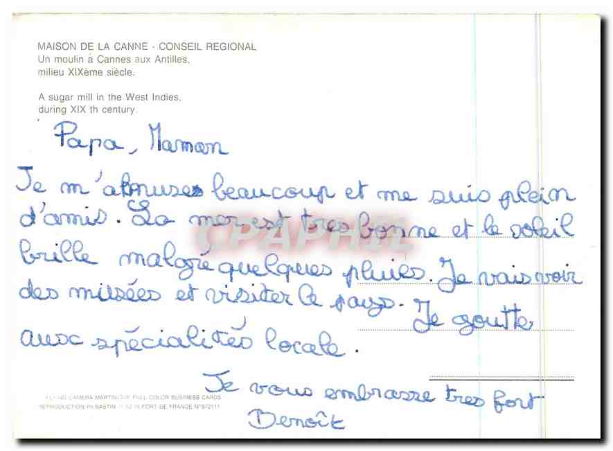CPM Maison de la Canne Conseil Regional Un moulin a Cannes aux Antilles Martinique — Verso