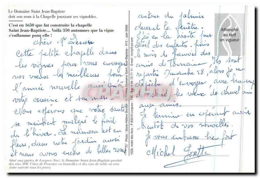 CPM Le Domaine Saint Jean Baptiste doit son nom a la Chapelle  — Verso