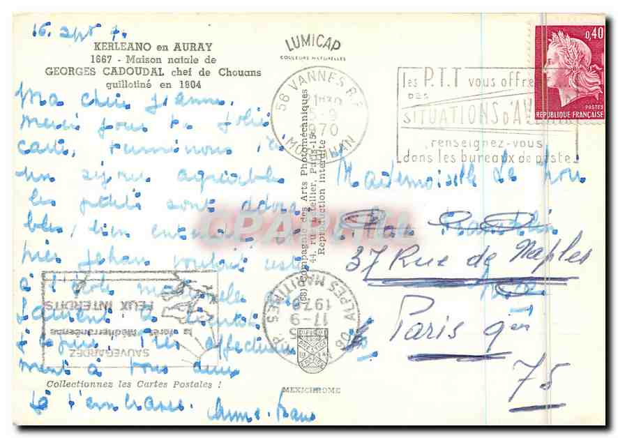 CPM Kerleano en Auray Maison natale de Georges Cadoudal chef de Chouans  — Rückseite