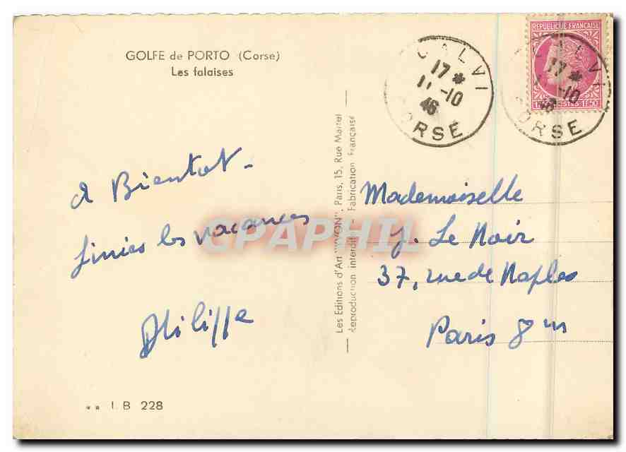 CPM Golfe de Porto Carse Les Falaises  — Back