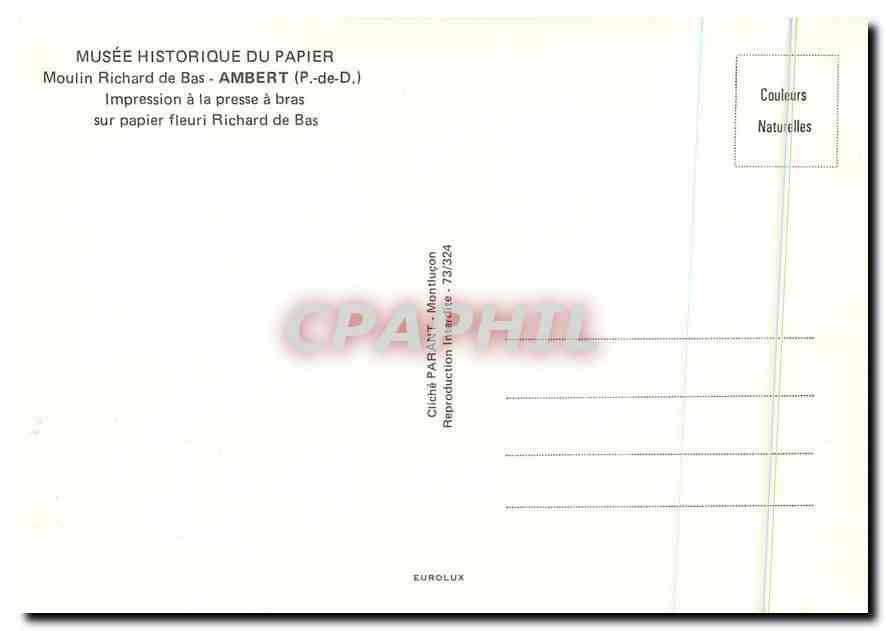 Handdruck — Museum für Papiergeschichte, Ambert (P.-de-D.) — Cliché PARANT - Montluçon — Rückseite