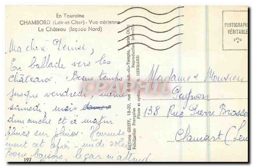 Chambord (Loir-et-Cher) — Luftaufnahme (19. Jh.) — Éditions GREFF & HENKARD — Rückseite