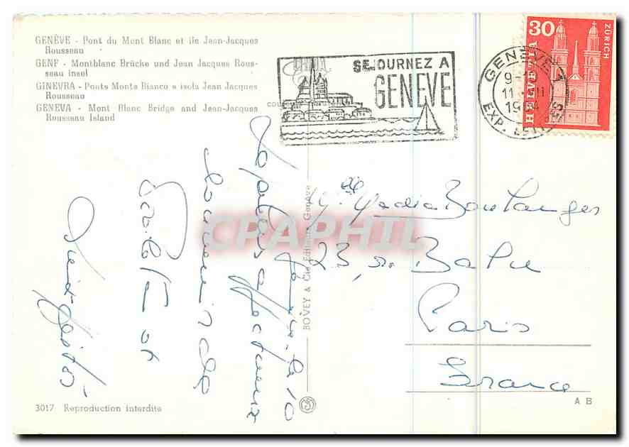 CPM Geneve Pont du Mont Blanc et Ile Jean Jacques  — Verso