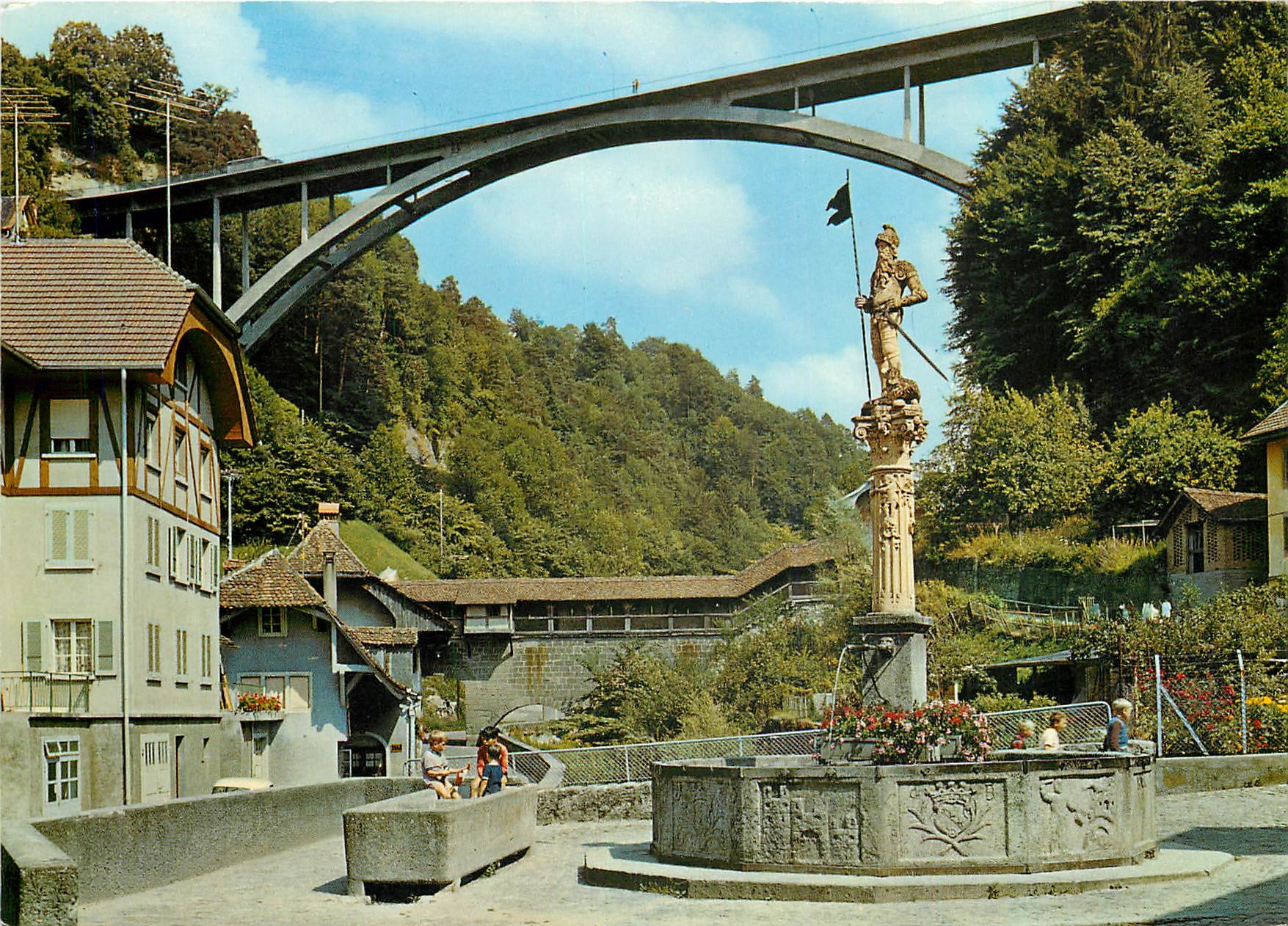 CPM Fribourg Fontaine de la Fidelite et Pont du Gotteron 