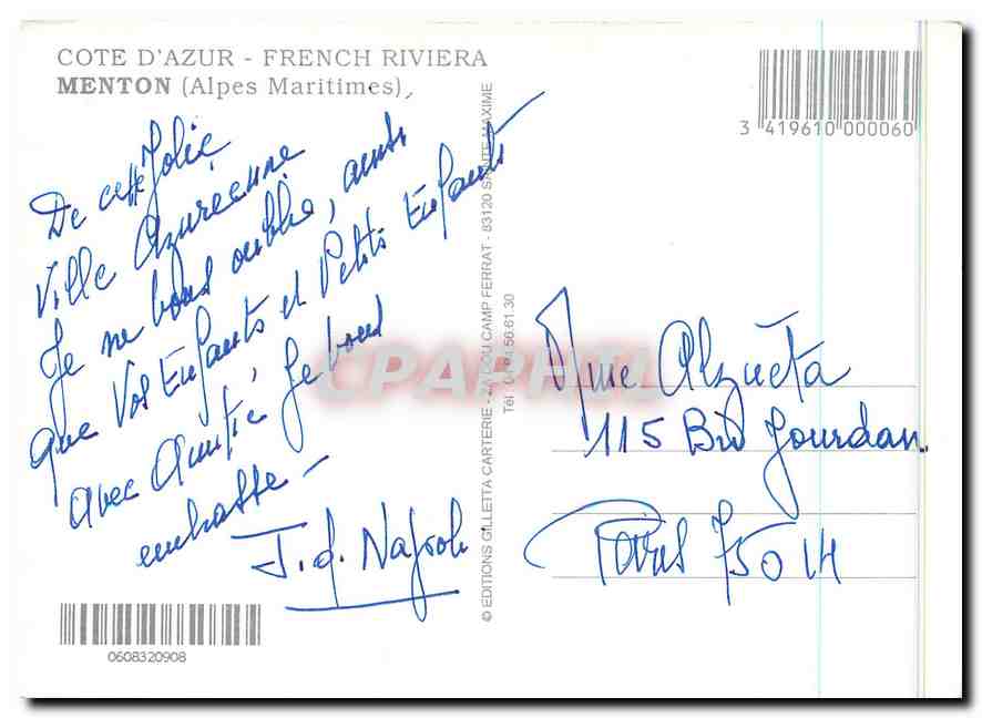 CPM Cote d'Azur French Riviera Menton Alpes Maritimes  — Rückseite