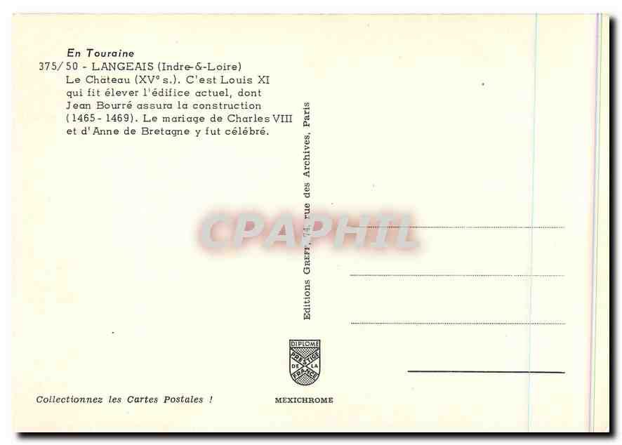 CPM En Touraine Langeais Indre & Loire Le Chateau  — Verso