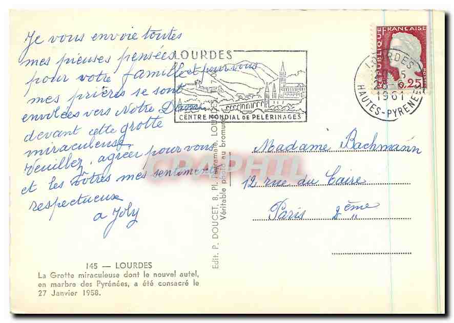 CPM Lourdes La Grotte miraculeuse dont le nouvel autel en marbre des Pyrenees  — Verso