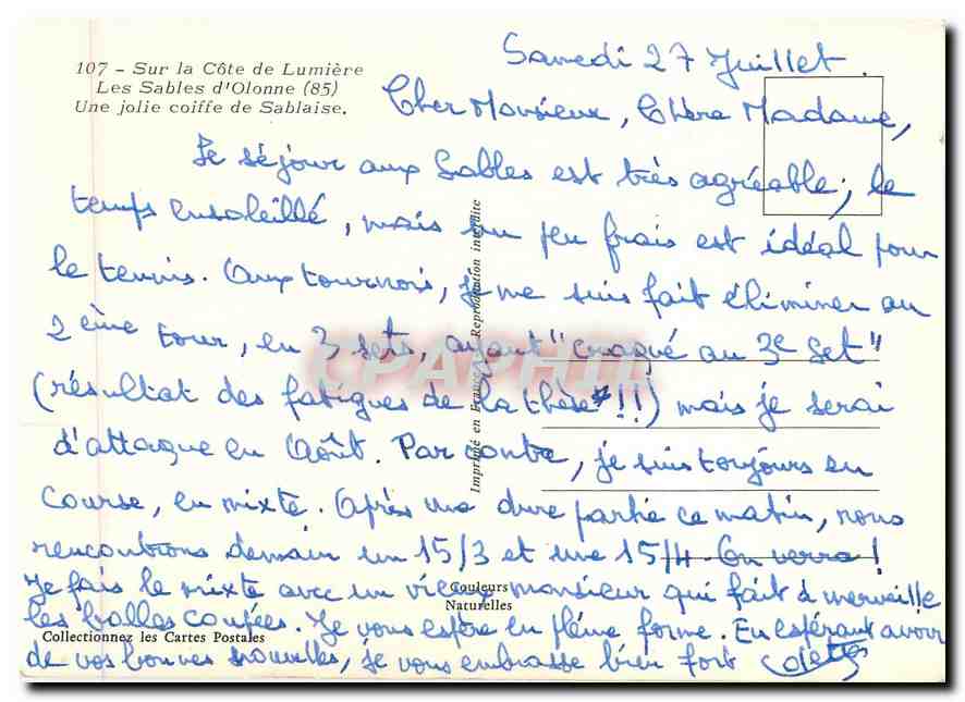 CPM Sur la Cote de Lumiere Les Sables d'Olonne Une jolie coiffe de Sablaise Folklore — Rückseite