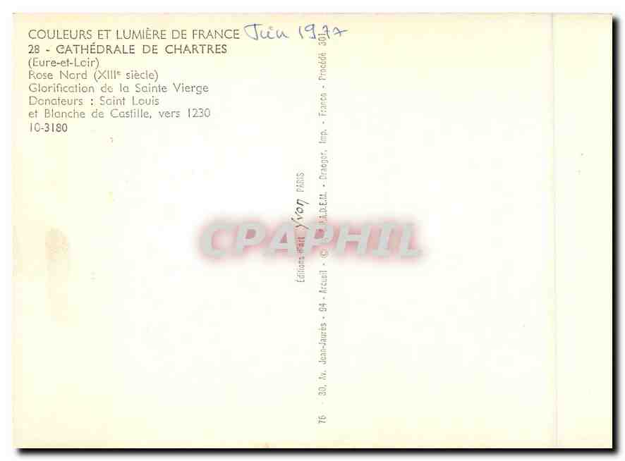 CPM Couleurs et Lumiere de France Cathedrale de Chartres Eure et Loir Rose Nord Glorification de la  — Rückseite
