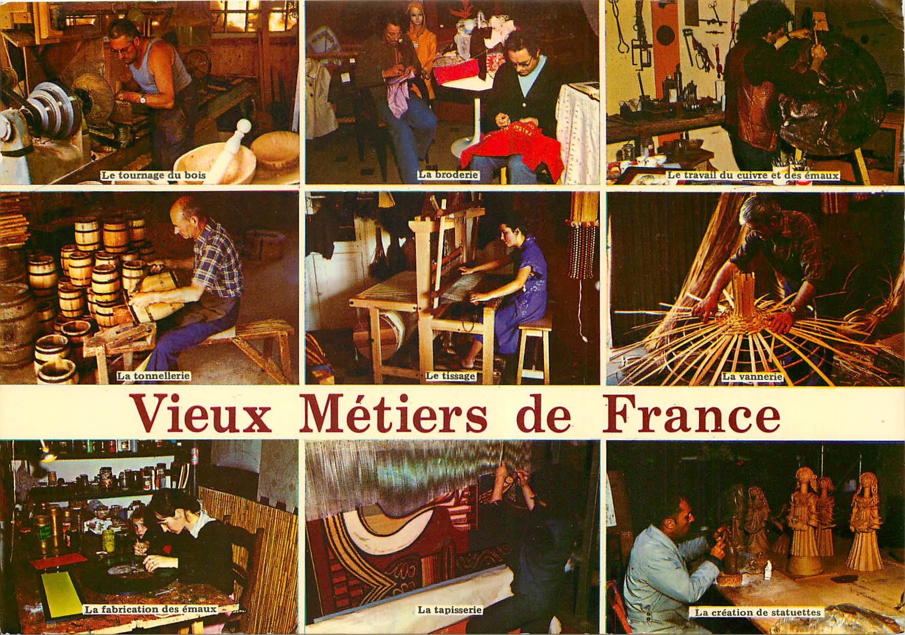 CPM Vieux Metiers de France Tournage du bois Broderie Travail du cuivre et des emaux Tonnellerie Tis