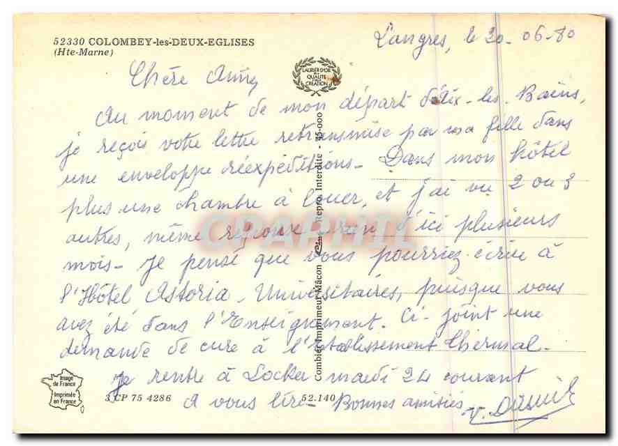 CPM Colombey les Deux Eglises Hte Marne General de Gaulle — Rückseite