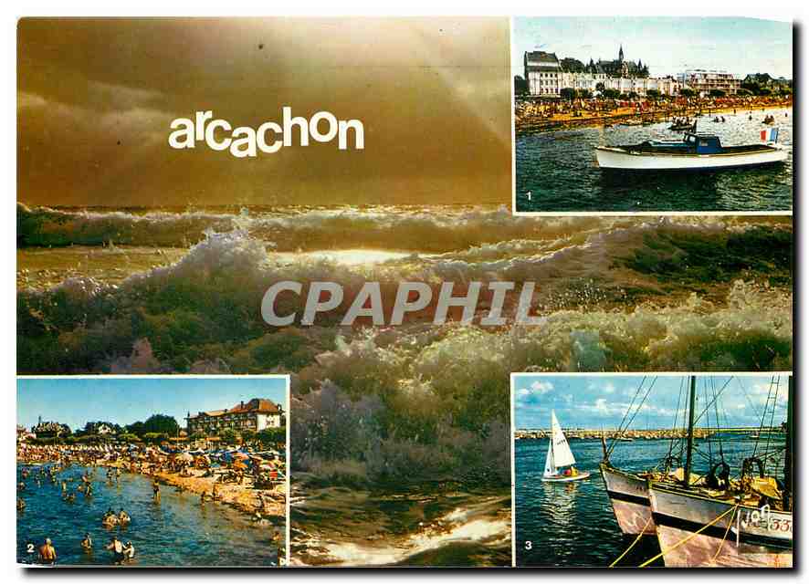 CPM Couleurs et Lumiere de France Arcachon Gironde le Casino et sa Plage Plage et Hotel de France le