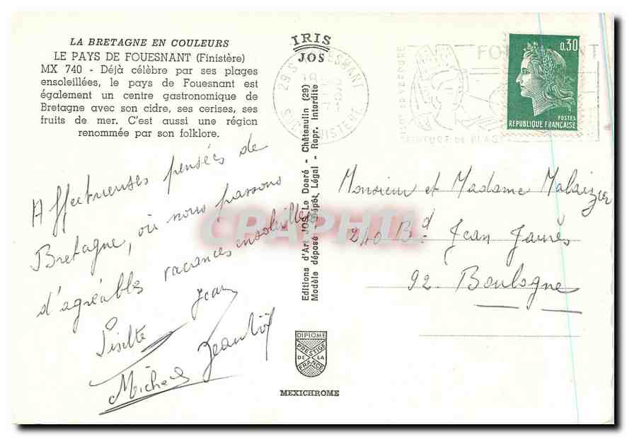 CPM La Bretagne en Couleurs le Pays de Fouesnant Finistere deja celebre par ses Plages ensoleillees  — Rückseite