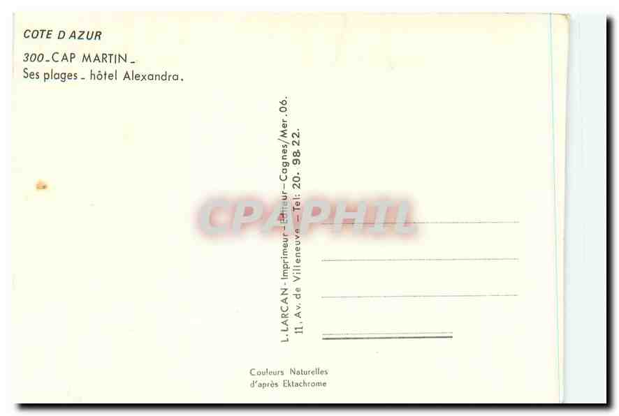 CPM Cote d'Azur Cap Martin ses Plages Hotel Alexandra  — Rückseite