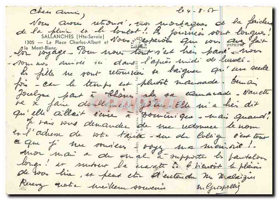 Chamonix — Vue de la place centrale avec le Mont-Blanc en arrière-plan — éditeur imprimeur inconnu — Verso