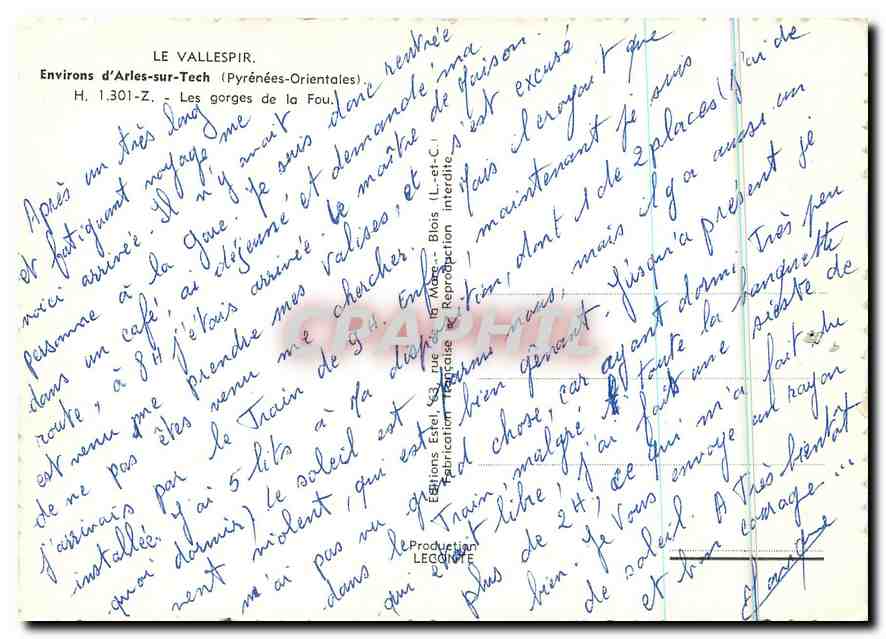 CPM Le Vallespir Environs d'Arles sut Tech Pyrenees Orientales les gorges de la Fou  — Verso