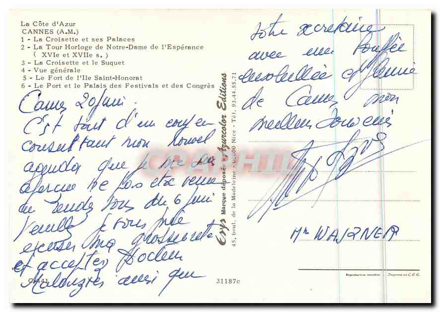 CPM La Cote d'Azur Cannes A M la Croisette et ses Places la Tour Horloge de Notre Dame de l'Esperanc — Verso